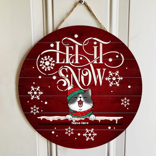 Christmas Door Decorations, Gifts For Cat Lovers, Let It Snow White Snowflake & Red Background Welcome Door Signs , Cat Mom Gifts