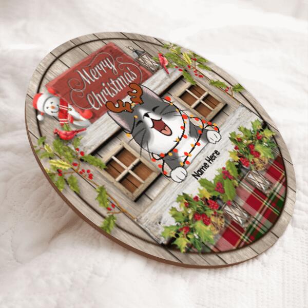 Christmas Welcome Door Signs, Gifts For Cat Lovers, Merry Christmas Custom Wooden Signs , Cat Mom Gifts
