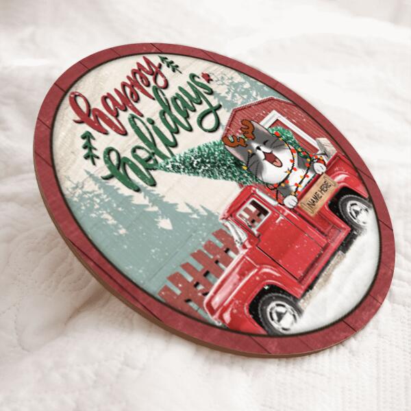 Christmas Welcome Door Signs, Gift For Cat Lovers, Red Truck Custom Wooden Signs, Happy Holidays , Cat Mom Gifts