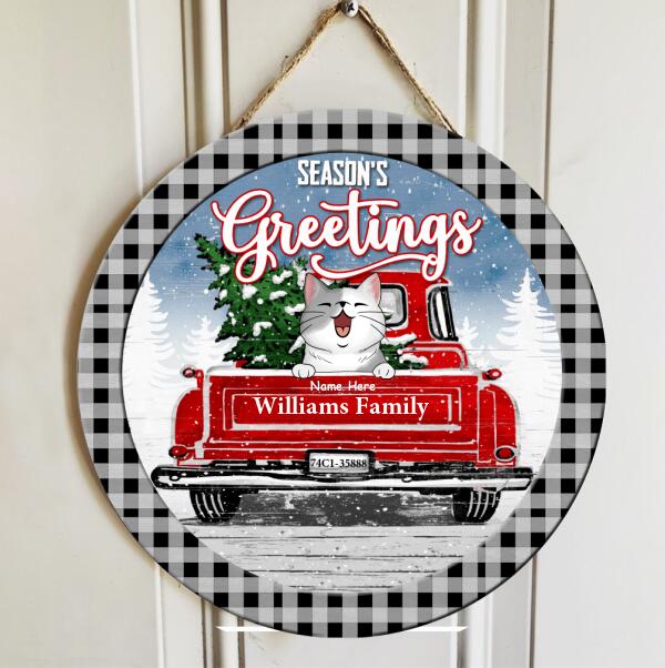 Christmas Door Decorations, Gifts For Cat Lovers, Season's Greeting Black Plaid Around Welcome Door Signs , Cat Mom Gifts