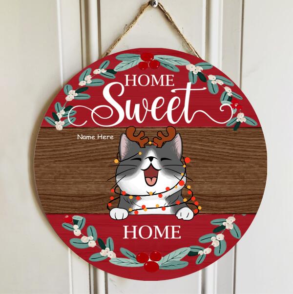 Christmas Home Sweet Home Signs, Gifts For Cat Lovers, Brown & Red Background Welcome Door Sign , Cat Mom Gifts