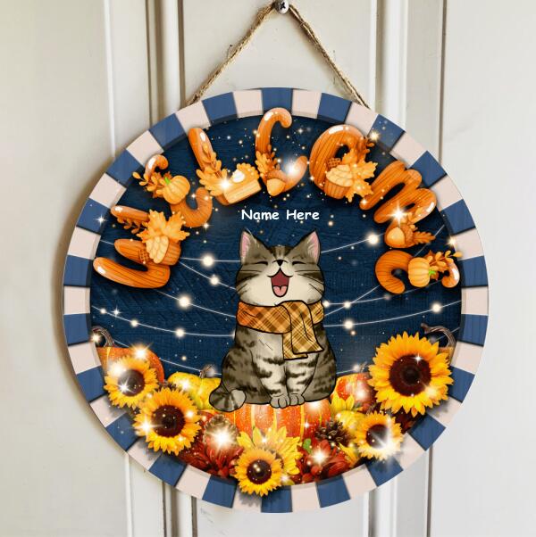 Christmas Door Decorations, Gifts For Cat Lovers, Sunflower With Dark Blue Background Welcome Door Signs , Cat Mom Gifts