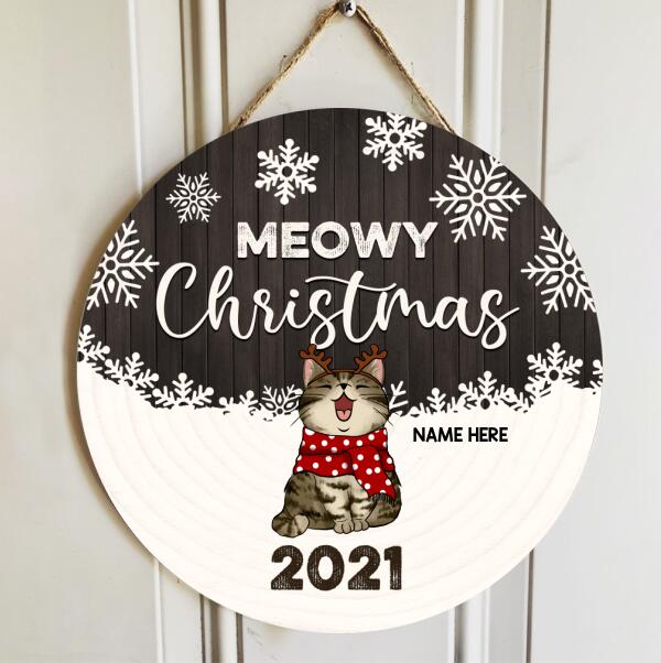 Christmas Door Decorations, Gifts For Cat Lovers, Meowy Christmas Gray Wooden White Snowflake Welcome Door Signs , Cat Mom Gifts