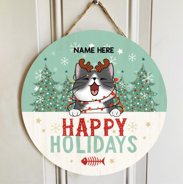 Christmas Door Decorations, Gifts For Cat Lovers, Happy Holiday Mint Green Pine Trees Welcome Door Sign , Cat Mom Gifts