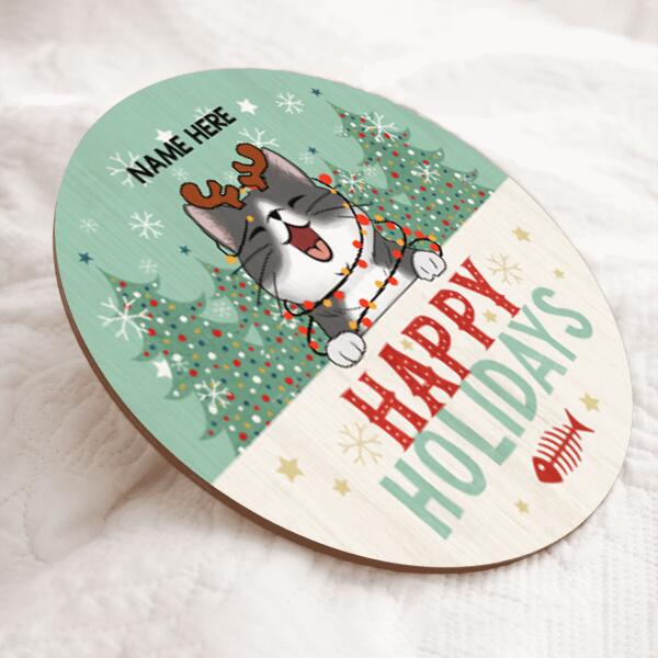 Christmas Door Decorations, Gifts For Cat Lovers, Happy Holiday Mint Green Pine Trees Welcome Door Sign , Cat Mom Gifts