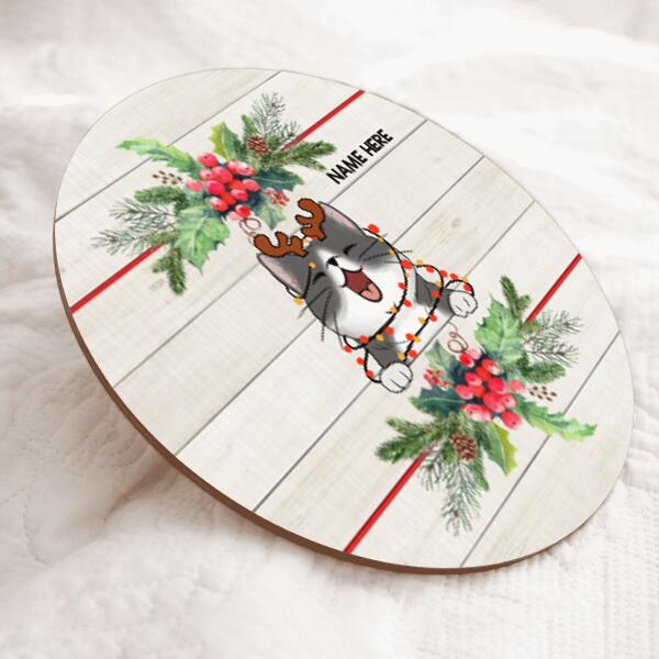 Christmas Door Decorations, Gifts For Cat Lovers, Cats Wear Santa's Hat And Scarf & Xmas Berries Welcome Door Signs , Cat Mom Gifts