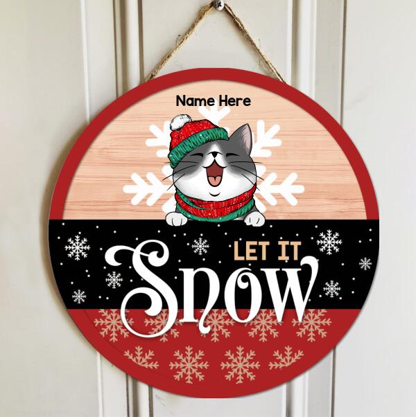 Christmas Door Decorations, Gifts For Cat Lovers, Let It Snow Red & Black Background Welcome Door Signs , Cat Mom Gifts