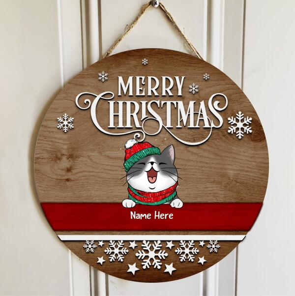 Christmas Door Decorations, Gifts For Cat Lovers, Merry Christmas Brown Wooden Welcome Door Signs , Cat Mom Gifts