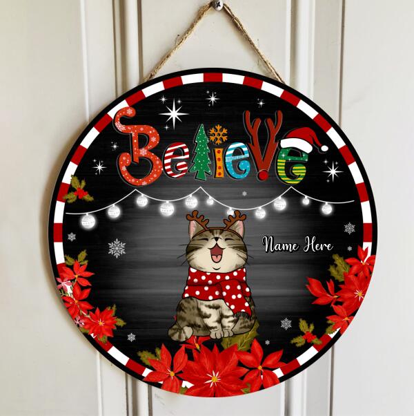 Believe - Black Wooden - Red Stripes Around - Personalized Cat Christmas Door Sign , Cat Mom Gifts