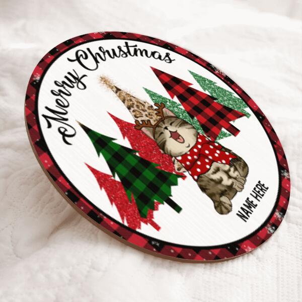 Christmas Door Decorations, Gifts For Cat Lovers, Merry Christmas, Colorful Plaid Pine Tree Welcome Door Signs , Cat Mom Gifts