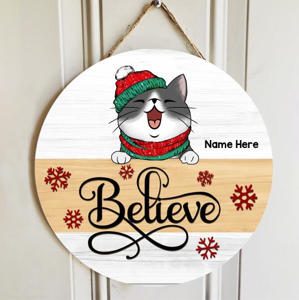 Christmas Door Decorations, Gifts For Cat Lovers, Believe White & Yellow Background Welcome Door Signs , Cat Mom Gifts