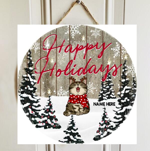 Christmas Door Decorations, Gifts For Cat Lovers, Happy Holidays Snowy Pine Trees Welcome Door Signs , Cat Mom Gifts