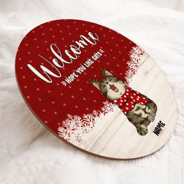 Christmas Welcome Door Signs, Xmas Gifts For Cat Lovers, Hope You Like Cats Christmas Sign Wood , Cat Mom Gifts