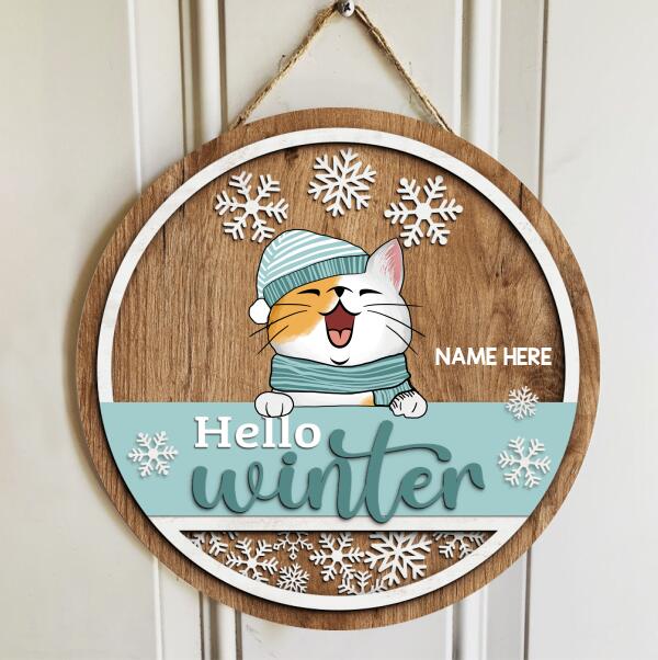Christmas Door Decorations, Gifts For Cat Lovers, Hello Winter Brown & Mint Background Welcome Door Signs , Cat Mom Gifts