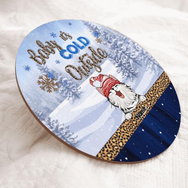 Christmas Cat Welcome Door Sign, Gift For Cat Lovers, Baby It's Cold Outside, Pine Forest & Leopard Sign , Cat Mom Gifts