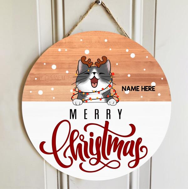 Christmas Cat Welcome Door Sign, Gift For Cat Lovers, Light Brown & White, Personalized Housewarming Gifts , Cat Mom Gifts