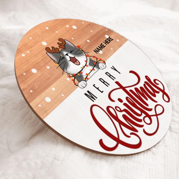 Christmas Cat Welcome Door Sign, Gift For Cat Lovers, Light Brown & White, Personalized Housewarming Gifts , Cat Mom Gifts