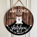 Pawzity Welcome To The Shitshow Hope You Brought Bones Funny Signs, Gifts For Cat Lovers, Cats Under Curtain , Cat Mom Gifts
