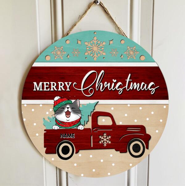 Christmas Cat Welcome Door Sign, Gift For Cat Lovers, Red Truck & Pine Tree Custom Wooden Signs , Cat Mom Gifts