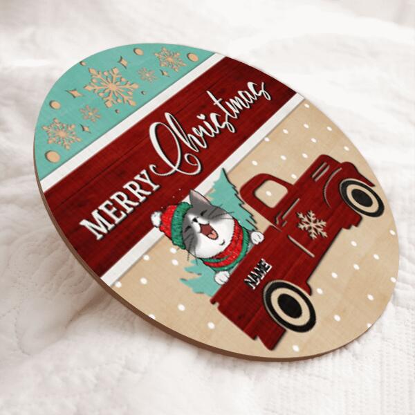 Christmas Cat Welcome Door Sign, Gift For Cat Lovers, Red Truck & Pine Tree Custom Wooden Signs , Cat Mom Gifts