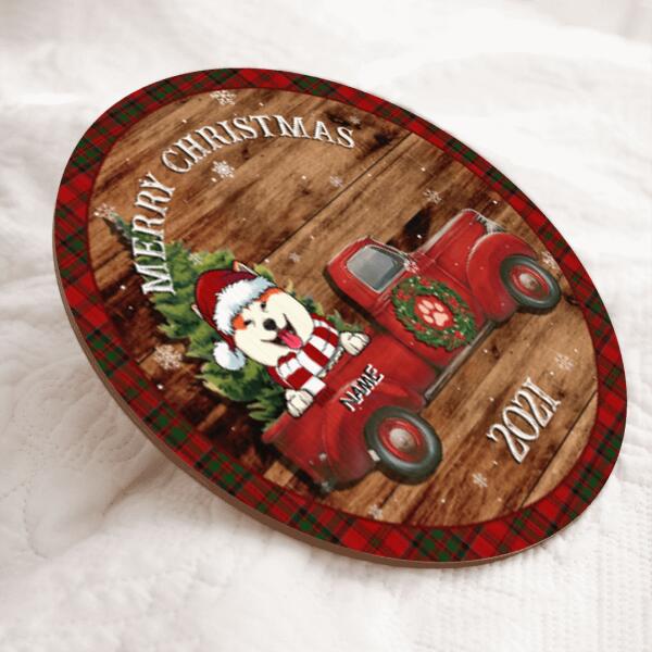 Christmas Dog Welcome Door Sign, Gift For Dog Lovers, Dogs On Red Truck Custom Wooden Signs , Dog Mom Gifts