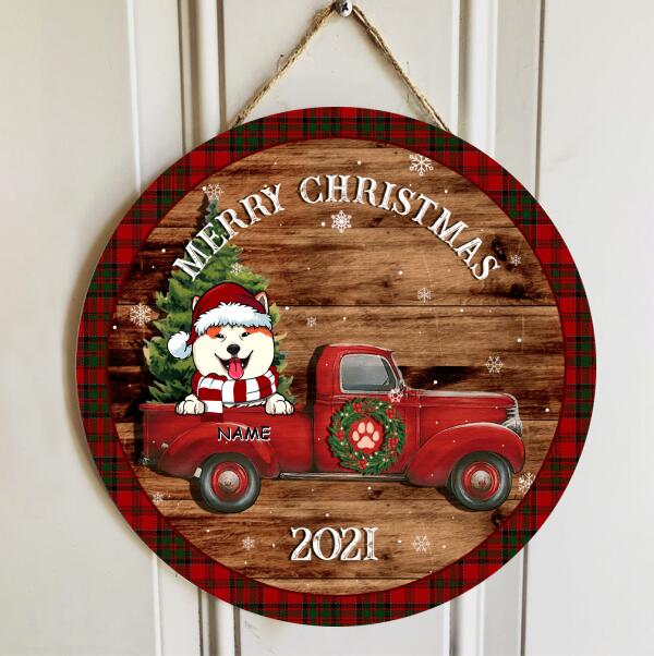 Christmas Dog Welcome Door Sign, Gift For Dog Lovers, Dogs On Red Truck Custom Wooden Signs , Dog Mom Gifts