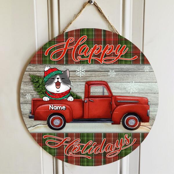 Christmas Cat Welcome Door Sign, Gift For Cat Lovers, Happy Holiday Red Truck & Plaid Home Sweet Home Signs , Cat Mom Gifts