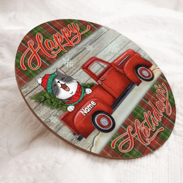 Christmas Cat Welcome Door Sign, Gift For Cat Lovers, Happy Holiday Red Truck & Plaid Home Sweet Home Signs , Cat Mom Gifts