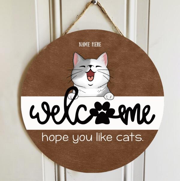 Pawzity Welcome Door Sign, Gift For Cat Lovers, Hope You Like Cats Home Sweet Home Signs, Brown & White , Cat Mom Gifts