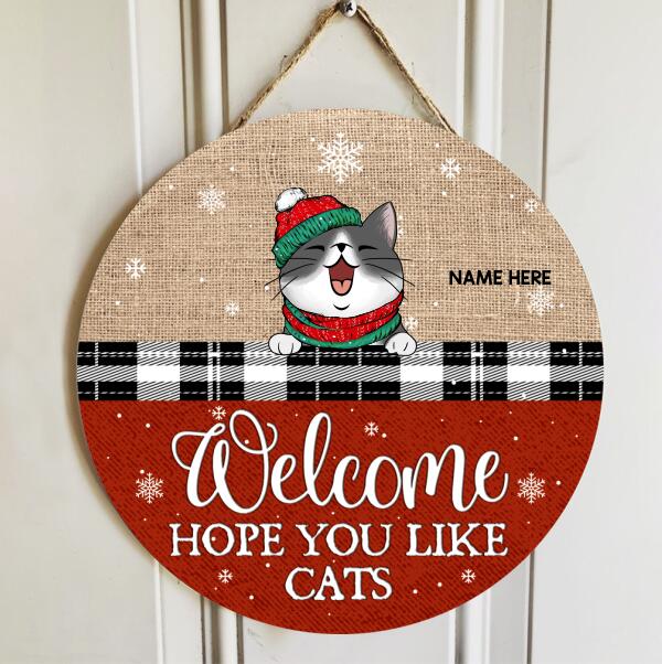 Christmas Cat Welcome Door Sign, Gift For Cat Lovers, Hope You Like Cat Home Sweet Home Signs, Jute Canvas Theme , Cat Mom Gifts