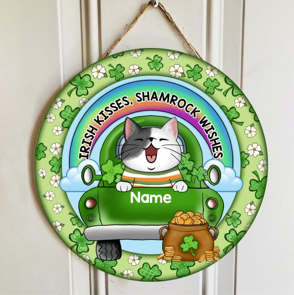 St. Patrick's Day Custom Wooden Signs, Gifts For Cat Lovers, Irish Kisses Shamrock Wishes Custom Signs Outdoor , Cat Mom Gifts