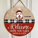 Christmas Welcome Door Sign, Gift For Pet Lovers, Hope You Like Dogs & Cats Home Sweet Home Signs, Jute Canvas Theme