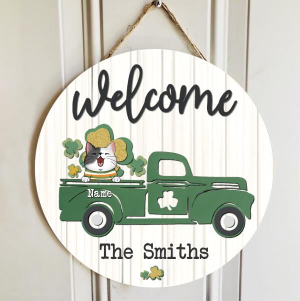 St. Patrick's Day Welcome Door Signs, Gifts For Cat Lovers, Vintage Truck Round Welcome Sign , Cat Mom Gifts