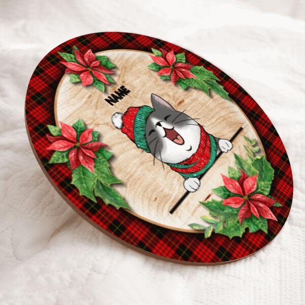 Christmas Door Decorations, Gifts For Cat Lovers, Christmas Flower And Red Plaid Welcome Door Sign , Cat Mom Gifts