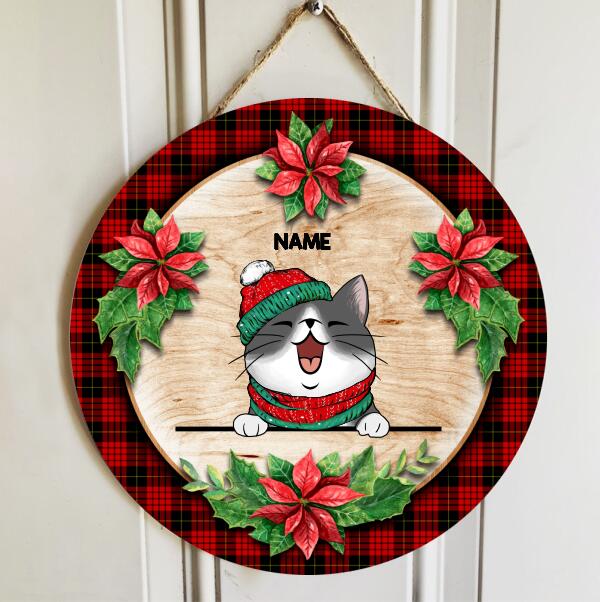 Christmas Door Decorations, Gifts For Cat Lovers, Christmas Flower And Red Plaid Welcome Door Sign , Cat Mom Gifts