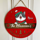 Christmas Door Decorations, Gifts For Cat Lovers, Meowey Catmas Red Background Family Name Sign , Cat Mom Gifts