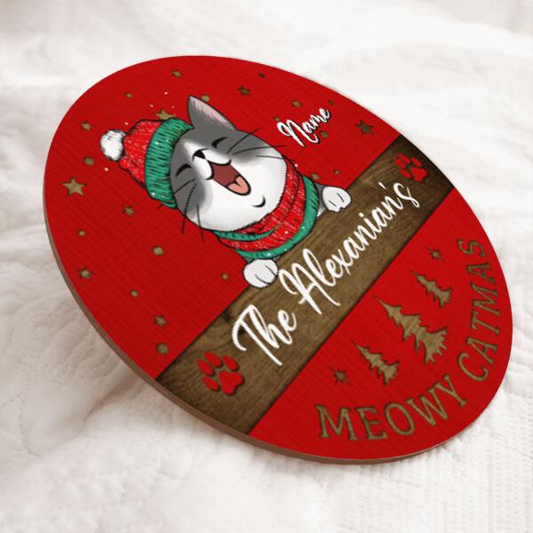Christmas Door Decorations, Gifts For Cat Lovers, Meowey Catmas Red Background Family Name Sign , Cat Mom Gifts