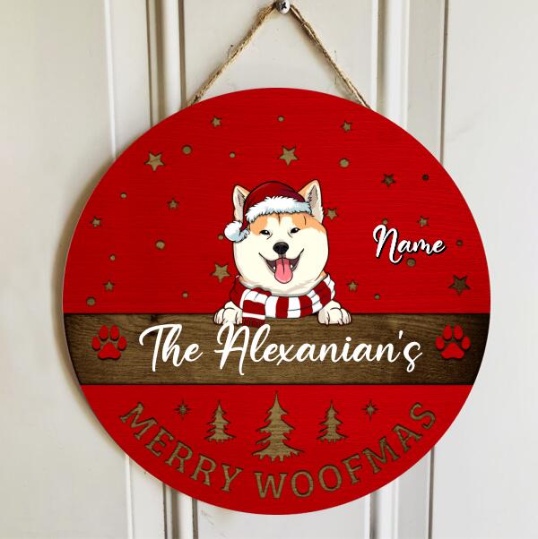 Christmas Door Decorations, Gifts For Dog Lovers, Merry Woofmas Red Background Family Name Sign , Dog Mom Gifts