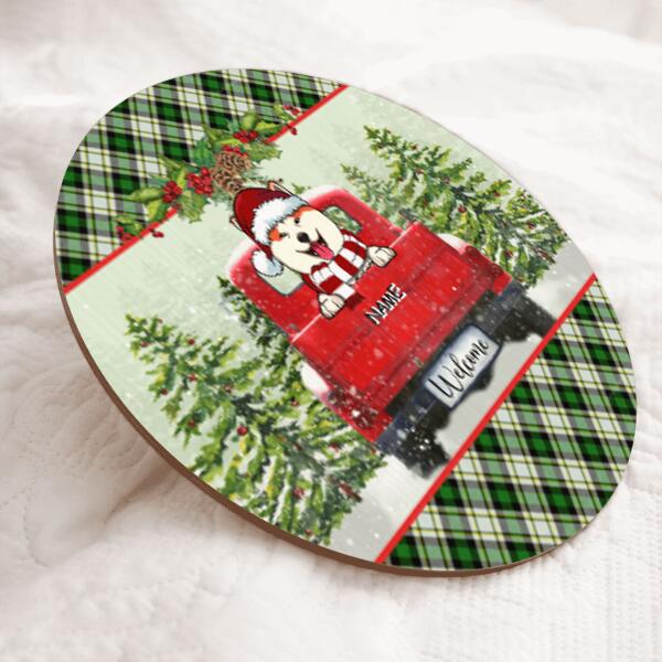 Christmas Door Decorations, Gifts For Dog Lovers, Dogs On Red Truck & Green Pine Forest Welcome Door Sign , Dog Mom Gifts