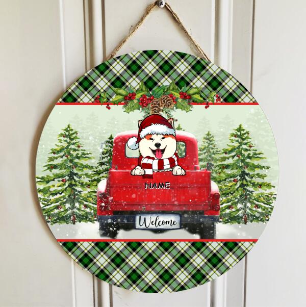 Christmas Door Decorations, Gifts For Dog Lovers, Dogs On Red Truck & Green Pine Forest Welcome Door Sign , Dog Mom Gifts