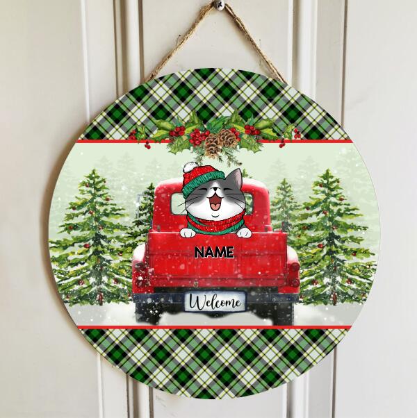 Christmas Door Decorations, Gifts For Cat Lovers, Cats On Red Truck & Green Pine Forest Welcome Door Sign , Cat Mom Gifts