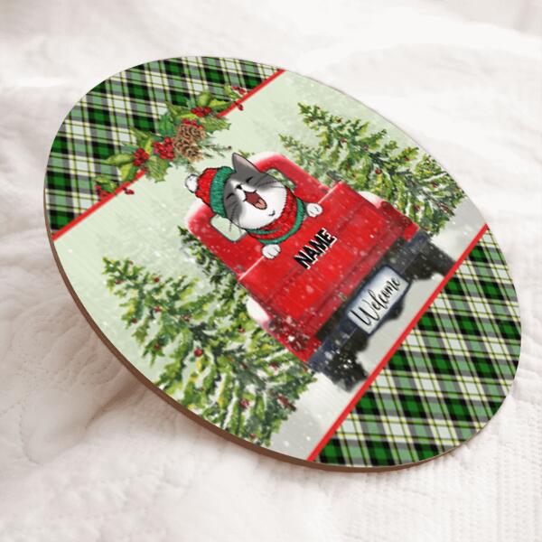 Christmas Door Decorations, Gifts For Cat Lovers, Cats On Red Truck & Green Pine Forest Welcome Door Sign , Cat Mom Gifts