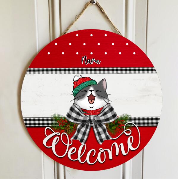 Christmas Cat Welcome Door Sign, Gift For Cat Lovers, Black Plaid Bow Home Sweet Home Signs , Cat Mom Gifts