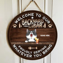 Pawzity Backyard Signs, Gifts For Cat Lovers, Welcome To Our Backyard Bar Proudly Serving Whatever You Bring Funny Signs , Cat Mom Gifts