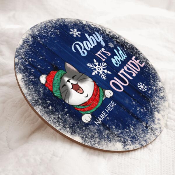 Christmas Door Decorations, Gifts For Cat Lovers, Baby It's Cold Outside Welcome Door Signs, Dark Blue Background , Cat Mom Gifts