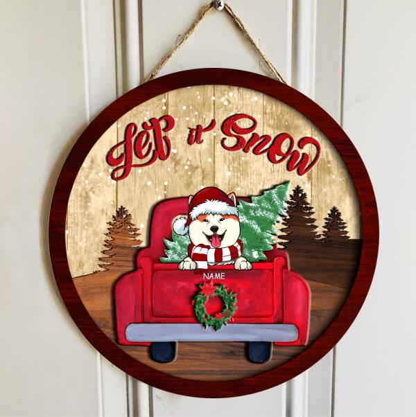 Christmas Door Decorations, Gifts For Dog Lovers, Let It Snow Welcome Door Signs, Dogs On Red Truck With Pine Trees , Dog Mom Gifts