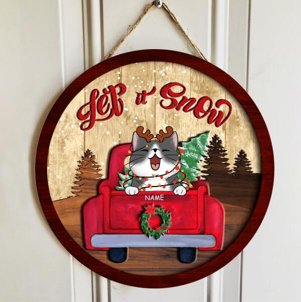 Christmas Door Decorations, Gifts For Cat Lovers, Let It Snow Welcome Door Signs, Cats On Red Truck With Pine Trees , Cat Mom Gifts