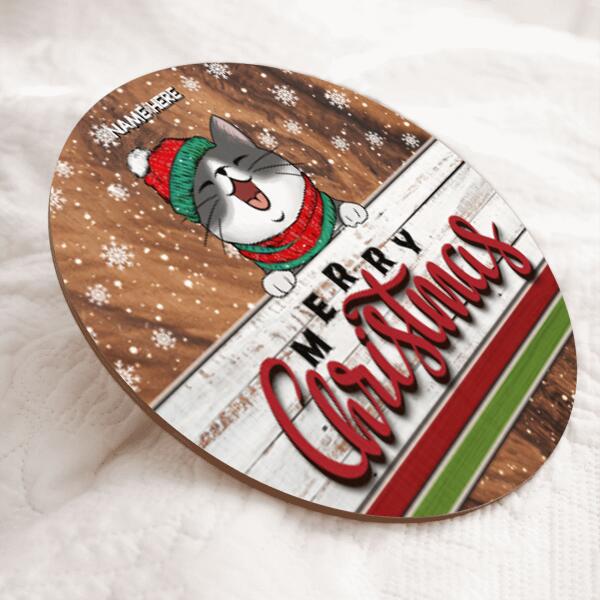 Christmas Door Decorations, Gifts For Cat Lovers, Merry Christmas Dark Pale Wooden Custom Wooden Signs , Cat Mom Gifts