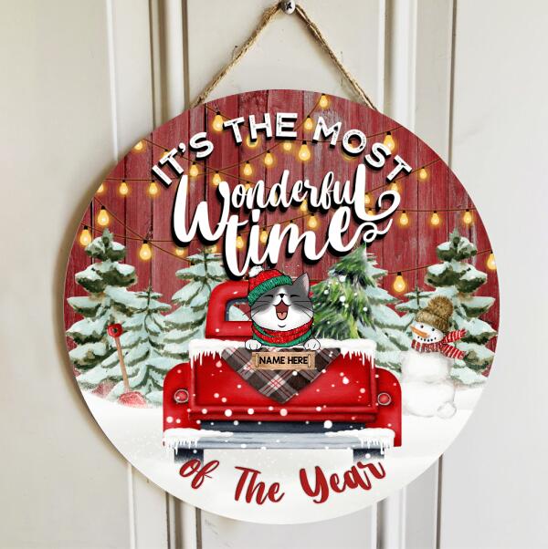 Christmas Door Decorations, Gifts For Cat Lovers, It's The Most Wonderful Time Of The Year, Red Truck & Green Pine Trees , Cat Mom Gifts