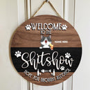 Pawzity Welcome To The Shitshow Hope You Brought Alcohol Funny Signs, Gifts For Cat Lovers, Brown & Black Background , Cat Mom Gifts